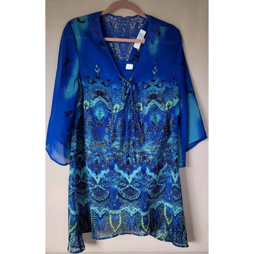 American Glamour Badgley Mischka Sheer Beaded Top Sea Blue Chiffon & Camisole Lg